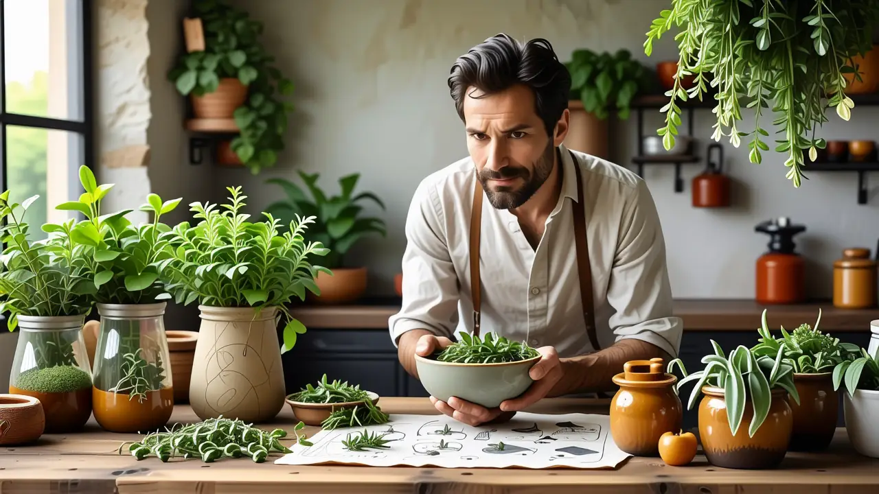 Un hombre español realista observa hierbas en luz cálida