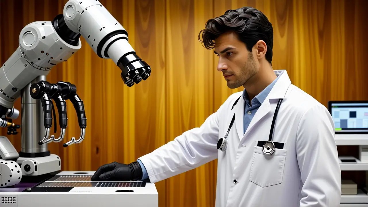 Un médico serio examina robot en hospital