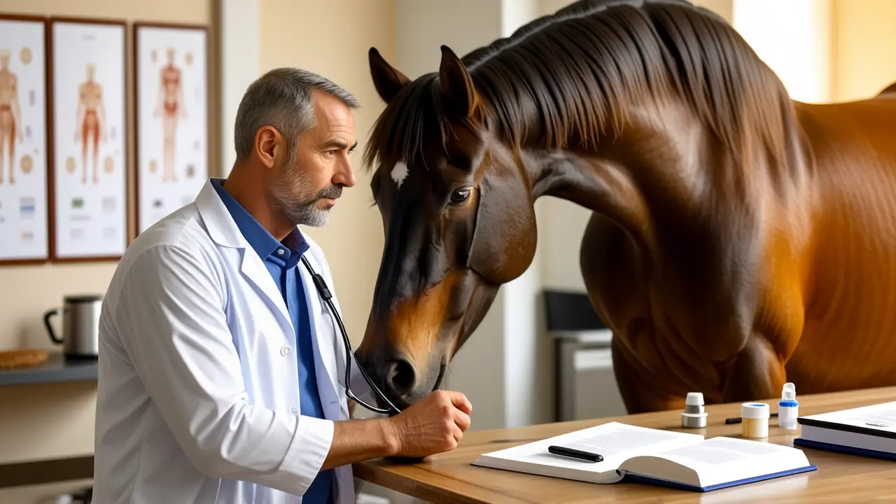 Un veterinario examina pacientemente un caballo en luz dorada