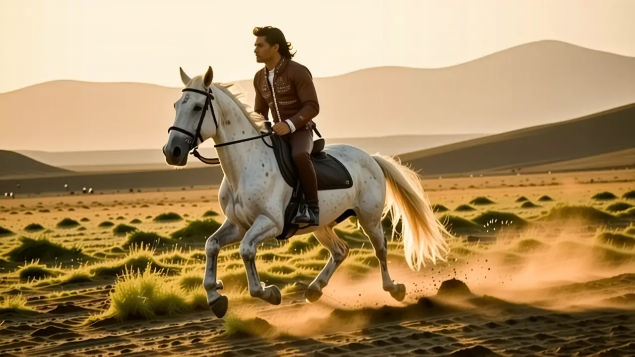 Un jinete español galopa en la estepa