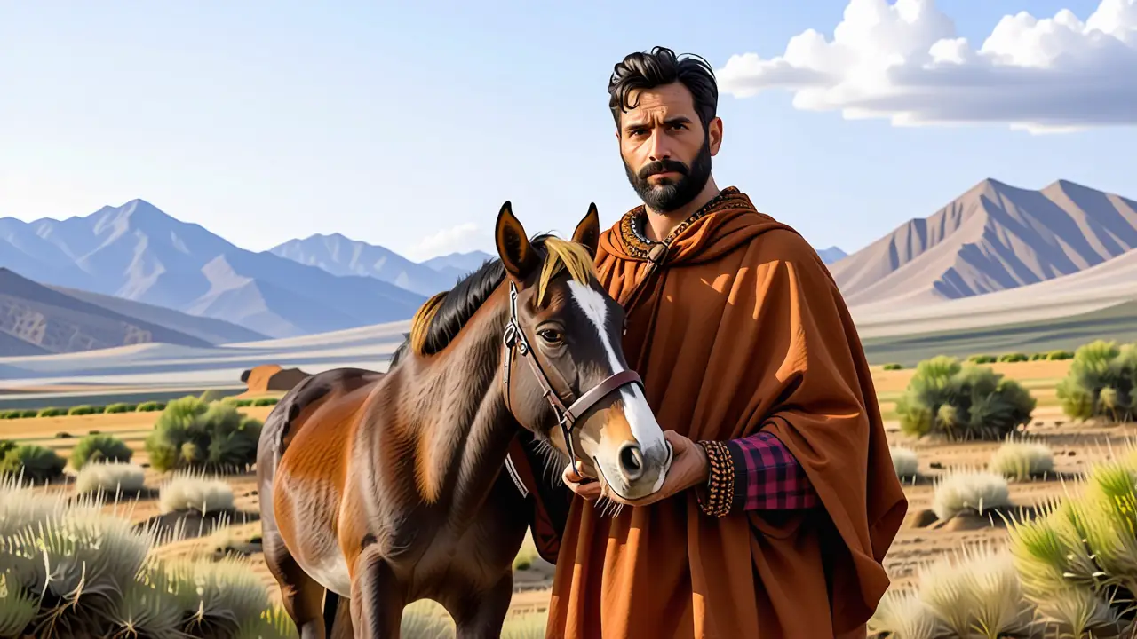 Un hombre serio cuida su potro en la estepa