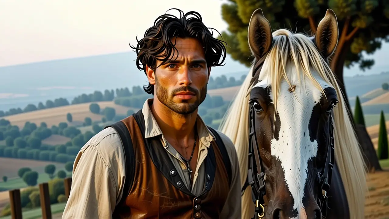 Un hombre pensativo observa Toscana serena