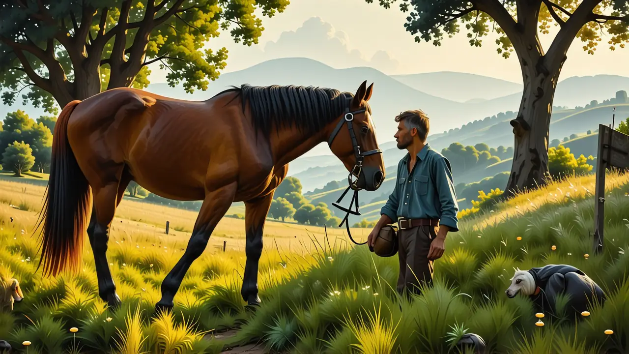 Un hombre pensativo observa su caballo