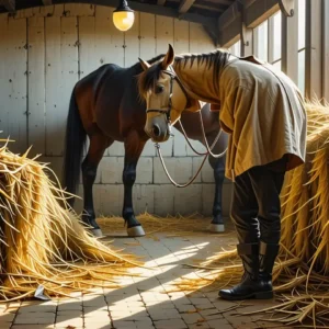 Un hombre pensativo observa su caballo en la luz suave