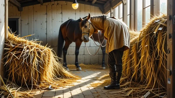 Un hombre pensativo observa su caballo en la luz suave