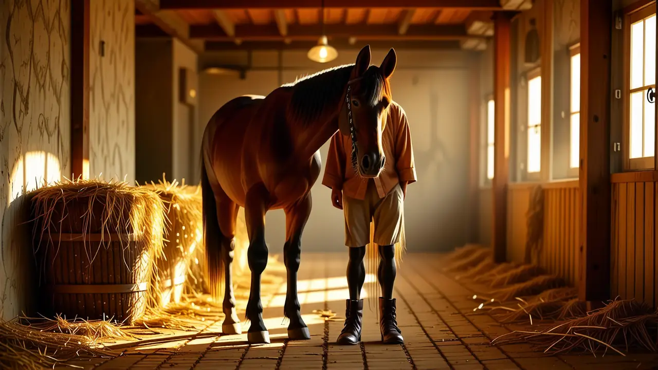 Un hombre pensativo observa su caballo en luz dorada