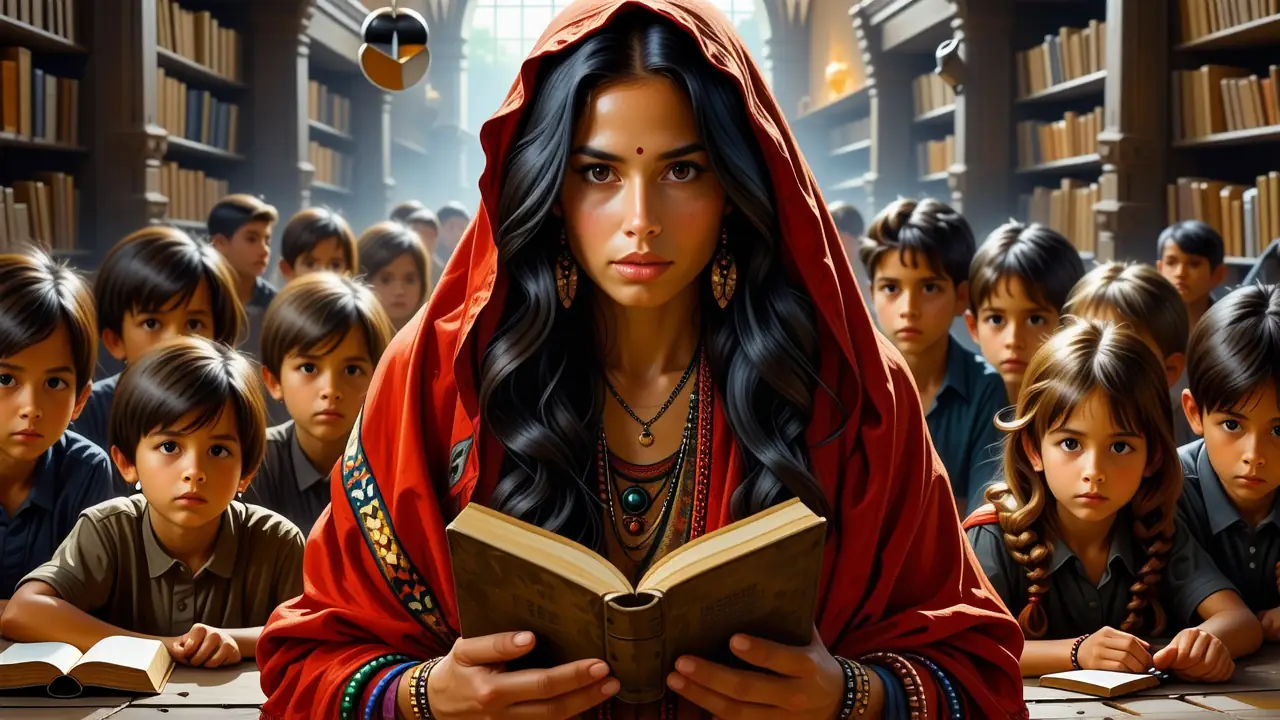 Una mujer pensativa lee en biblioteca