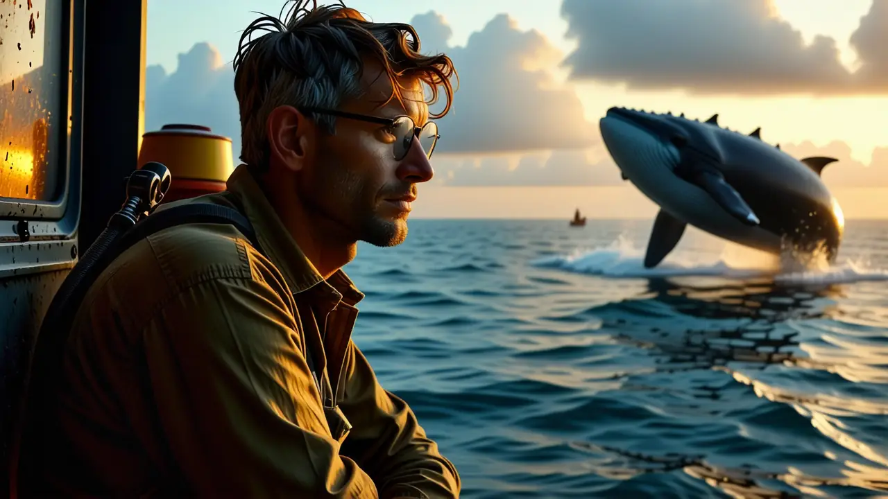 Un científico contempla ballena en océano crepuscular