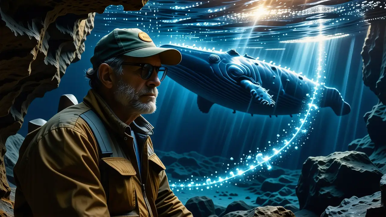 Un científico observa ballenas azules en el mar