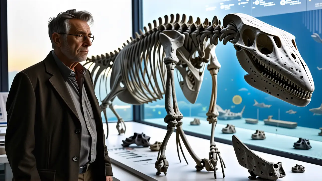 Un científico estudia un esqueleto ballena