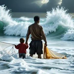 Un pescador solitario lucha en tormenta