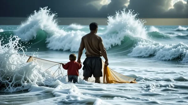 Un pescador solitario lucha en tormenta