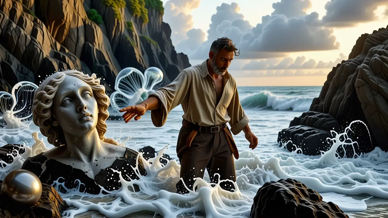 Un hombre preocupado rodeado de mar y Medusa