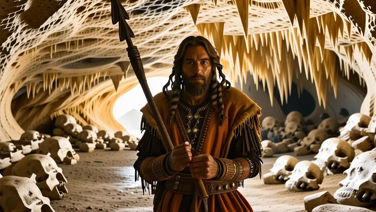 Guerrero paleolítico en caverna oscura