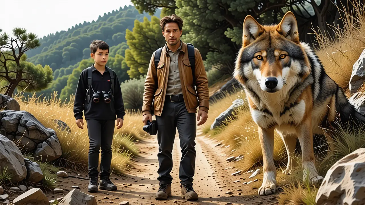 Un lobo ibérico observa cautelosamente el paisaje