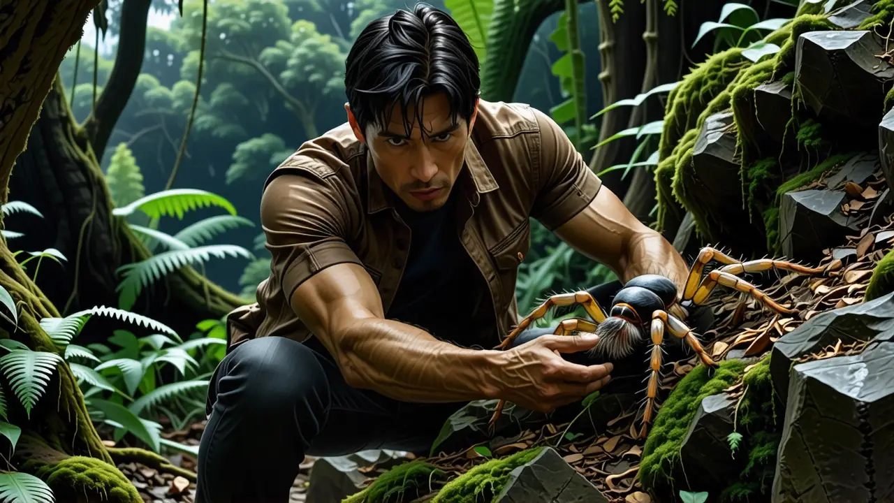 Un hombre cauteloso examina una araña