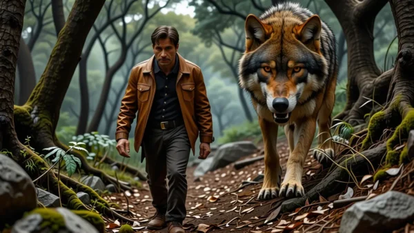 Un hombre español acecha lobo en bosque