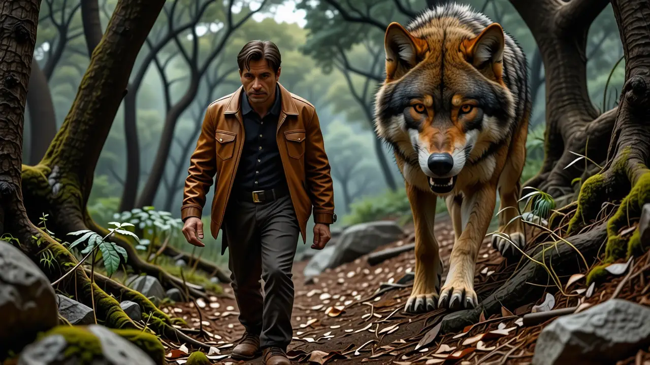 Un hombre español acecha lobo en bosque