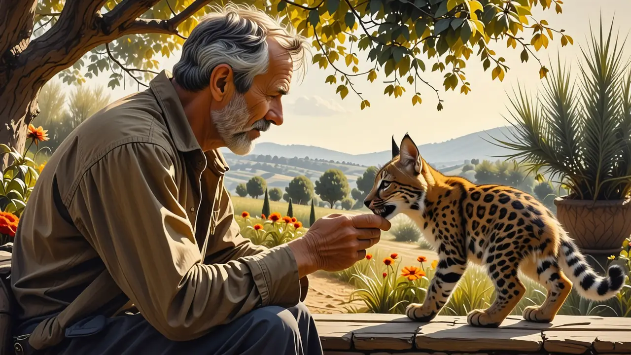 Un hombre español amable acaricia un lince