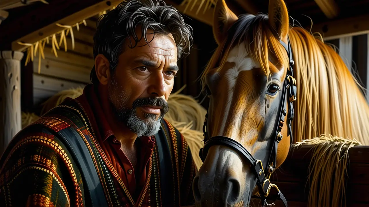 Un hombre serio examina su caballo en el sol