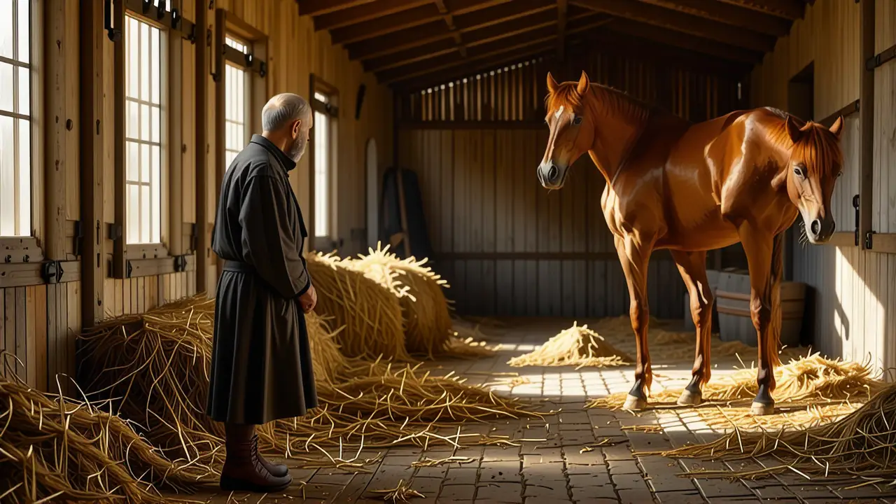 Un hombre observa una yegua embarazada en calma