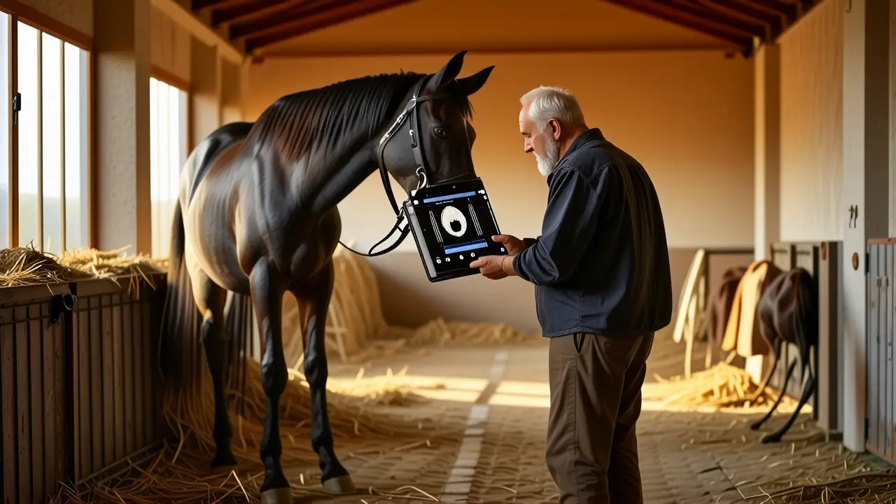 Un criador observa una yegua embarazada