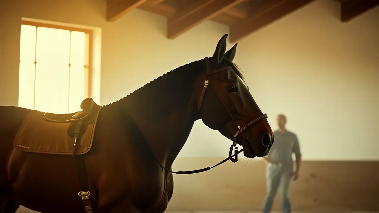 Jinete español contempla su caballo en calma