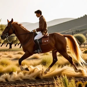 Un jinete español realista galopa en la tarde