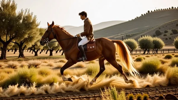 Un jinete español realista galopa en la tarde