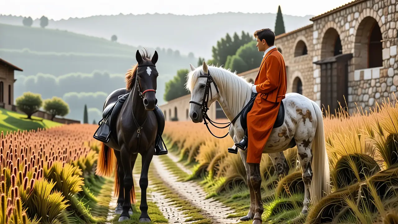 Un jinete español contempla caballos en Castilla