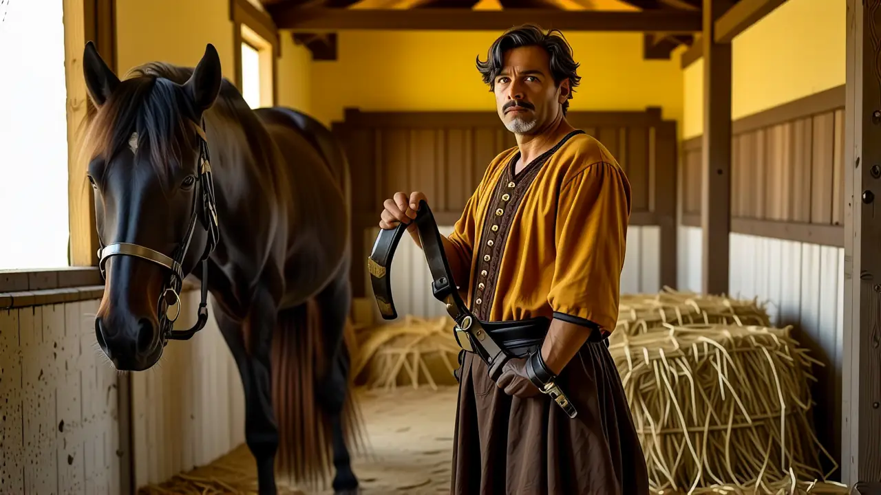 Un hombre español anciano observa su caballo