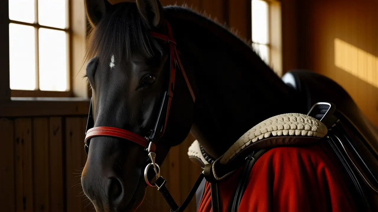 Rembrandtino hombre contempla su caballo en luz dorada