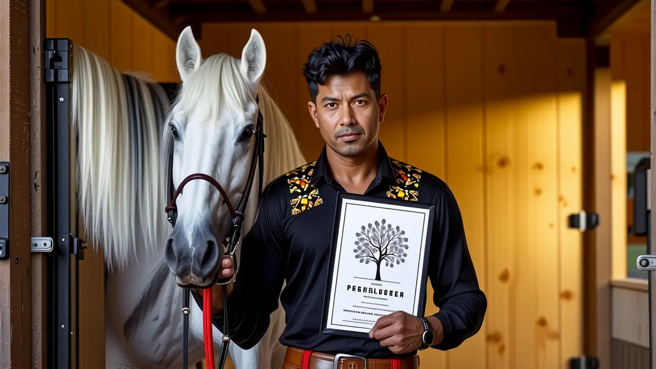 Un hombre serio exhibe su caballo