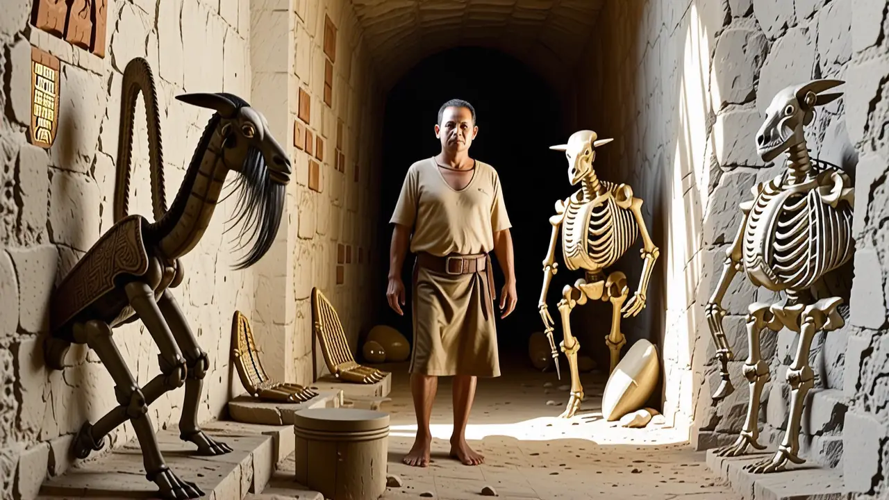 Un hombre contemplativo en una tumba antigua