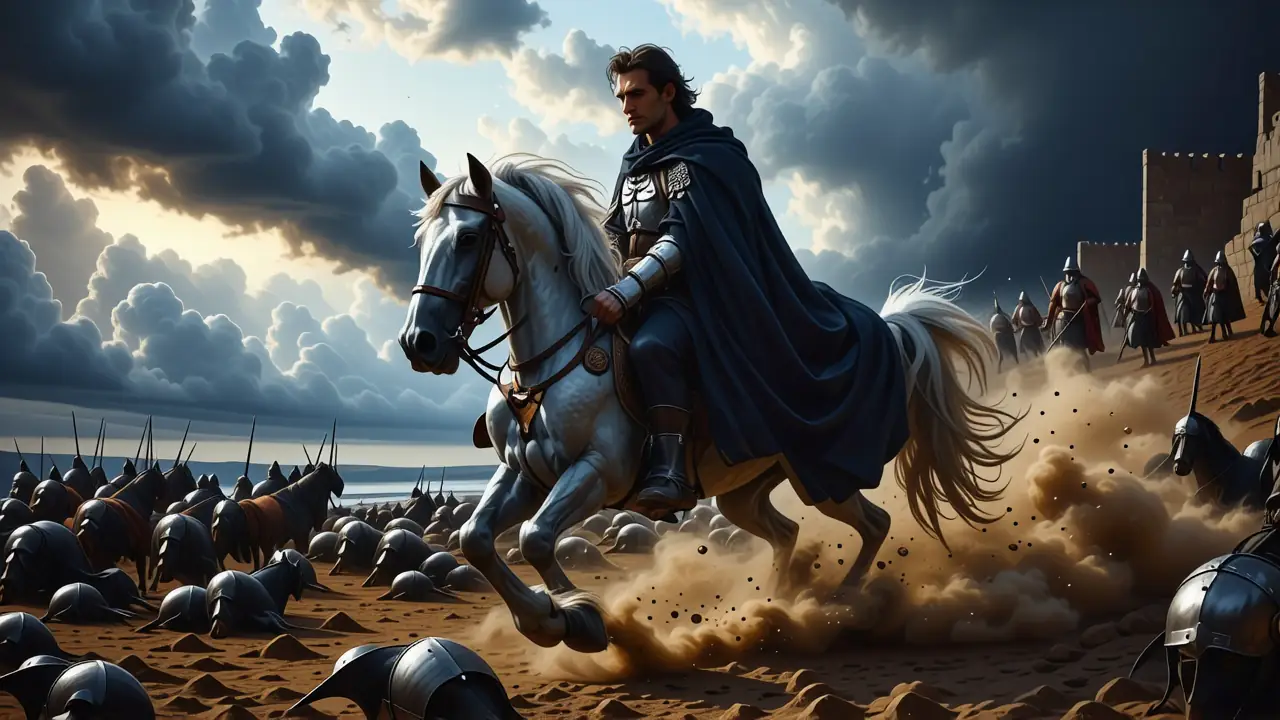 Un guerrero heroico domina un paisaje épico