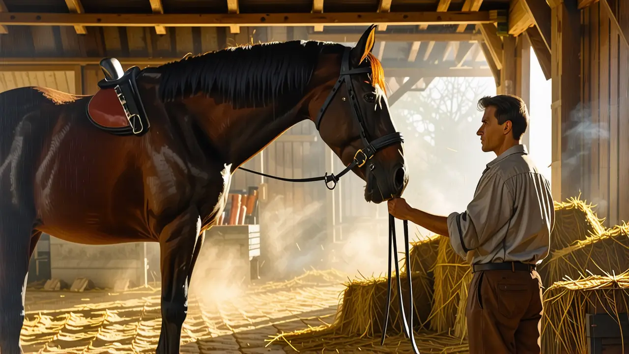 Un joven granjero contempla su caballo