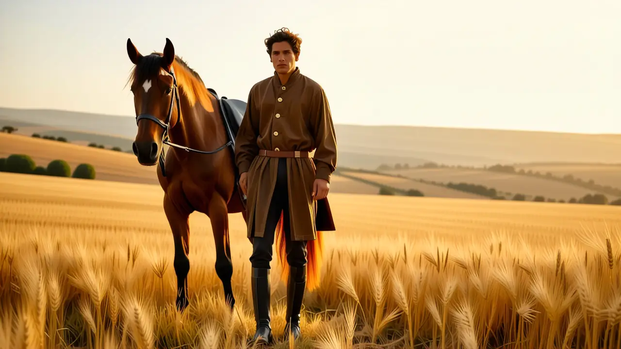 Un hombre español fuerte observa su caballo