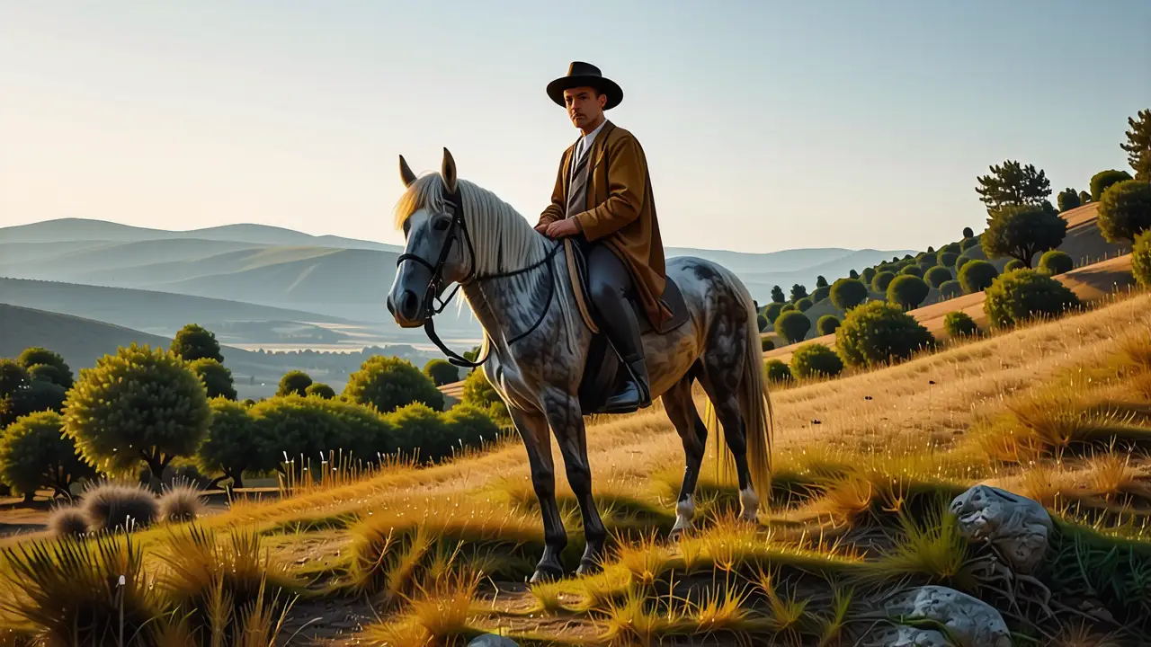 Un jinete español contempla un caballo sereno