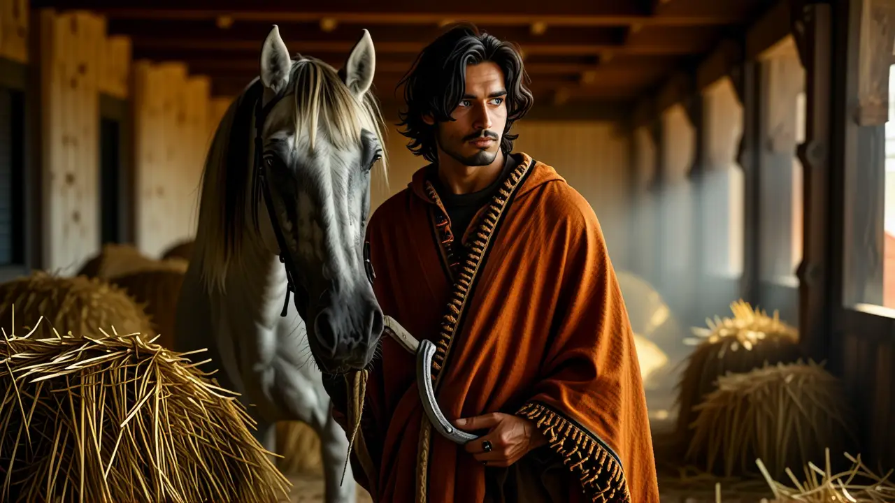 Un hombre pensativo sostiene un caballo