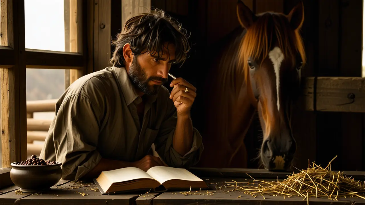 Un hombre preocupado blota sangre en un establo oscuro