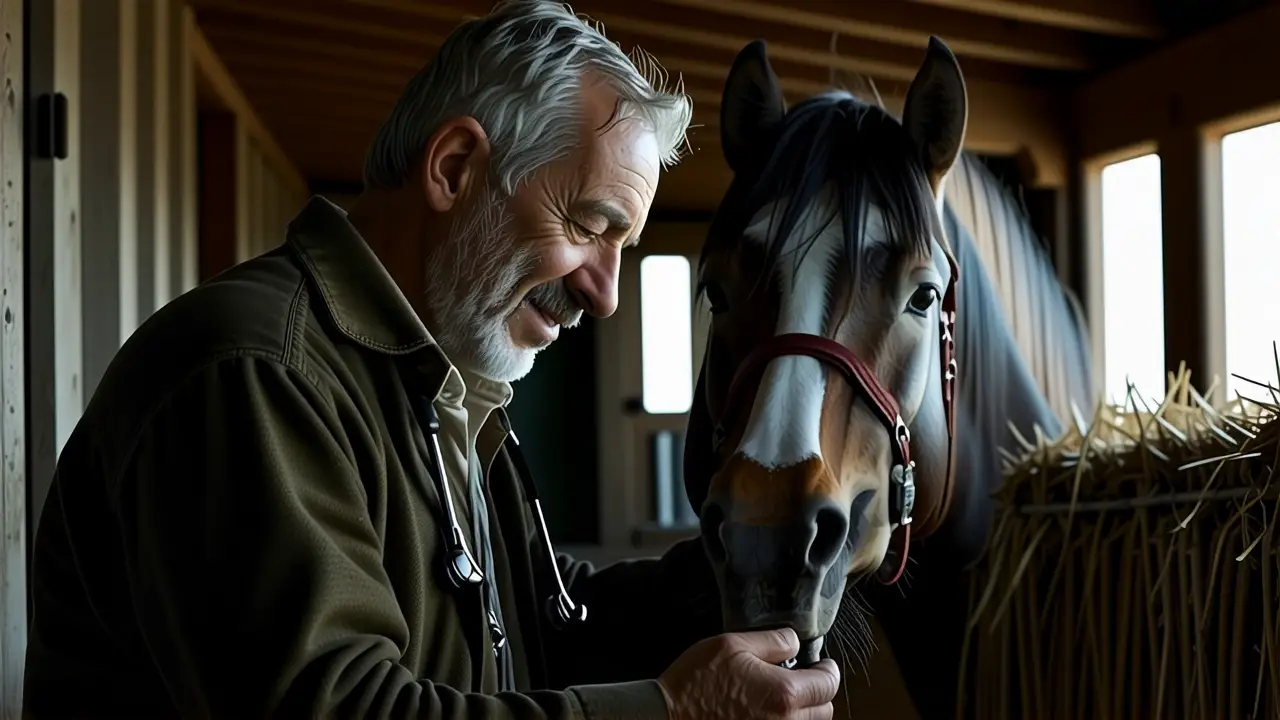 Un veterinario español examina pacientemente un caballo