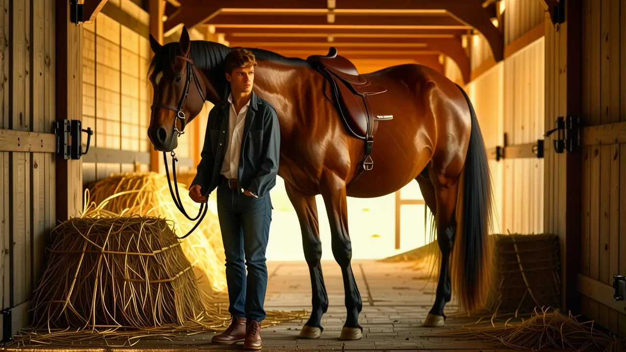 Un jinete español confiado observa su caballo