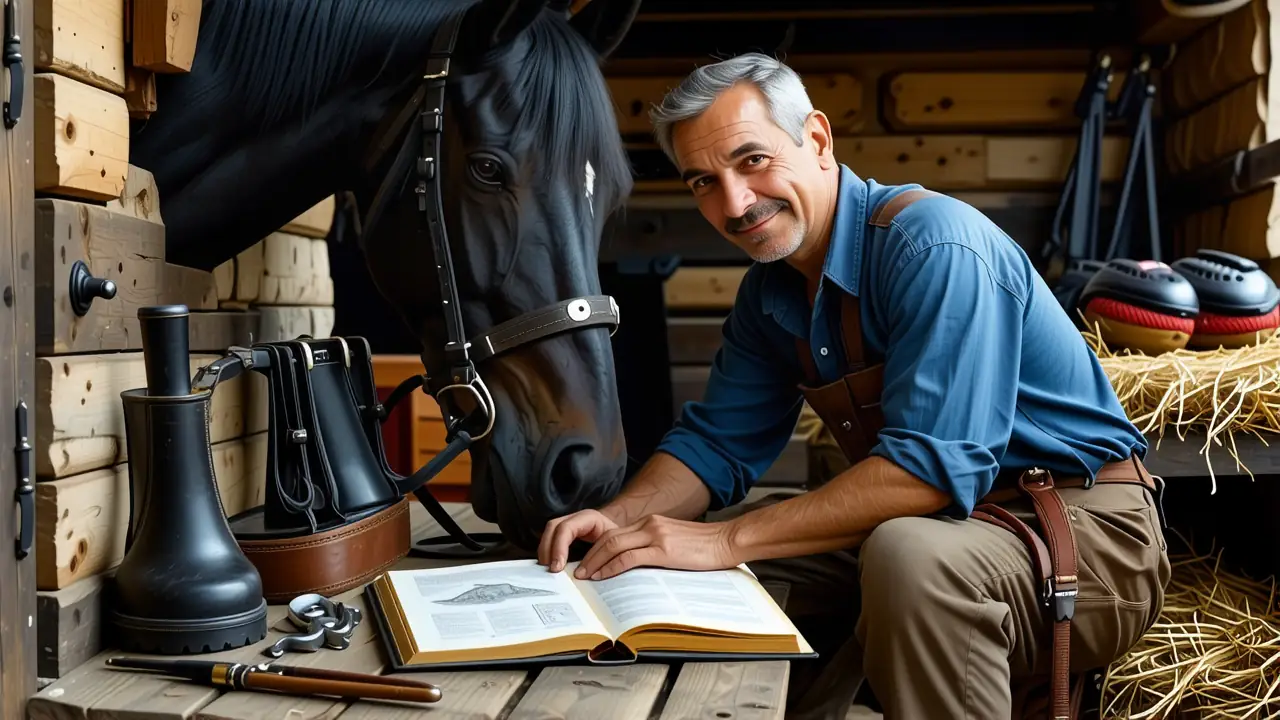 Un hombre español examina un caballo en establo
