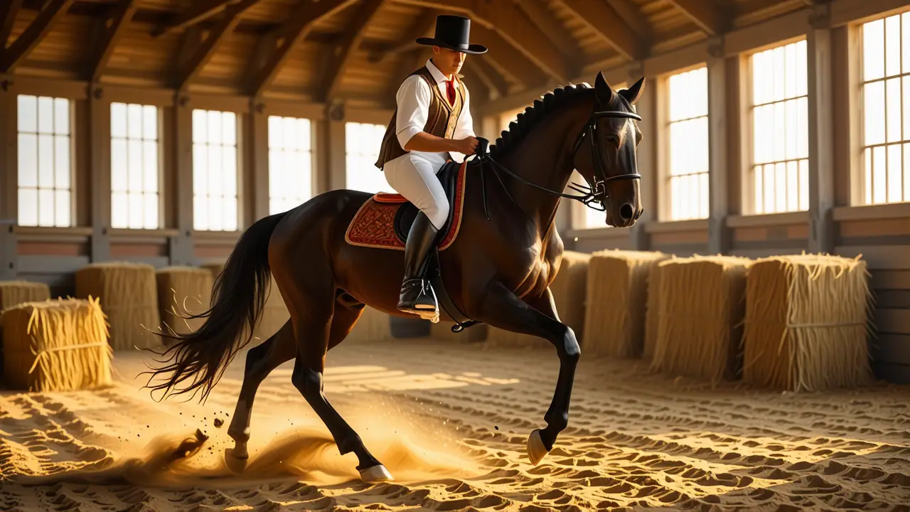Un jinete español realista galopa en luz dorada