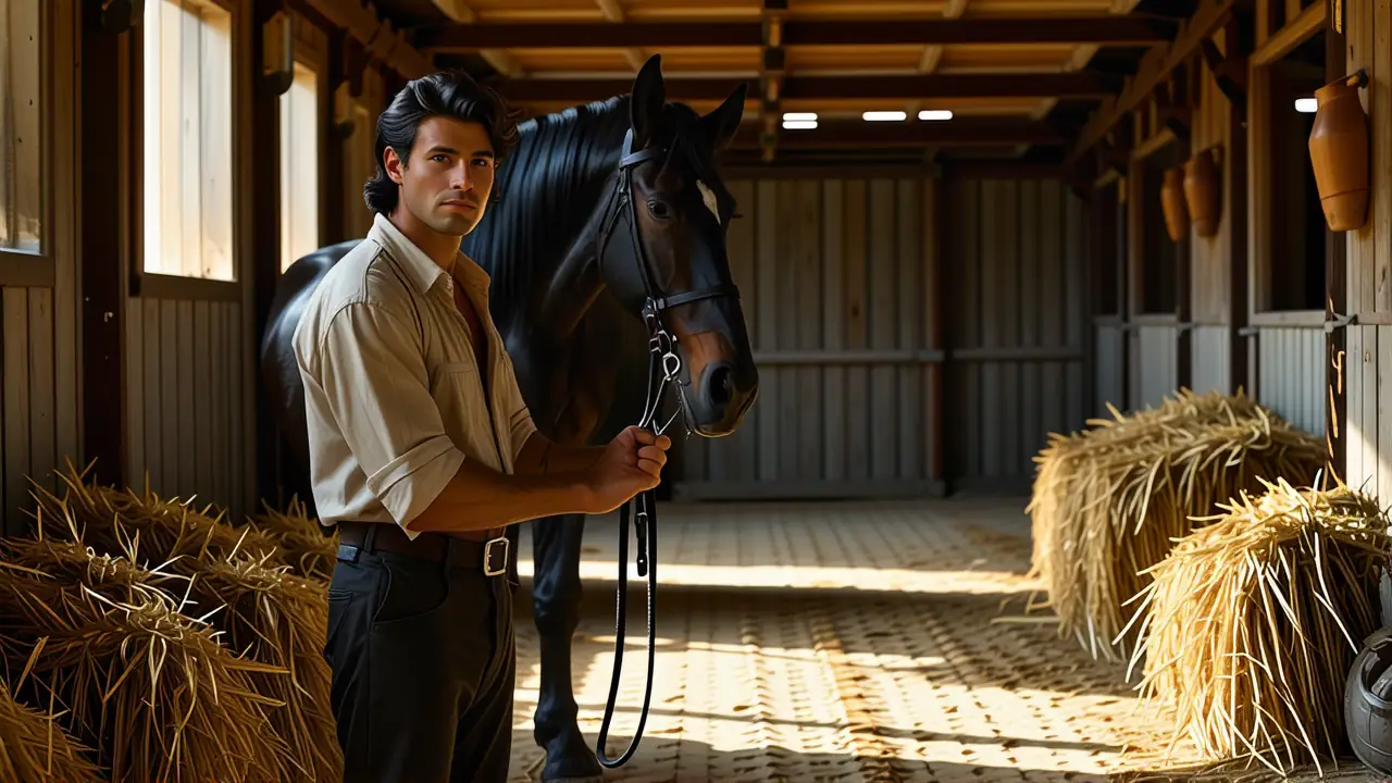 Un hombre español confiado monta su caballo