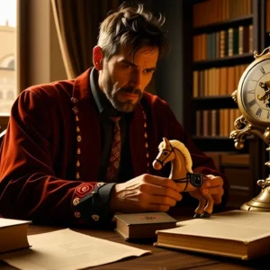 Un hombre melancólico sostiene un caballo