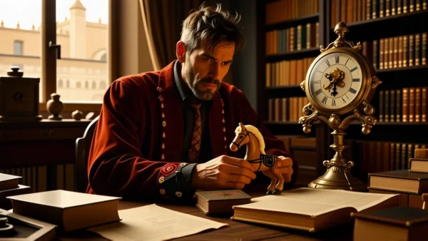 Un hombre melancólico sostiene un caballo