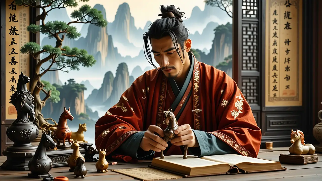 Un hombre contemplativo examina un caballo en estudio chino