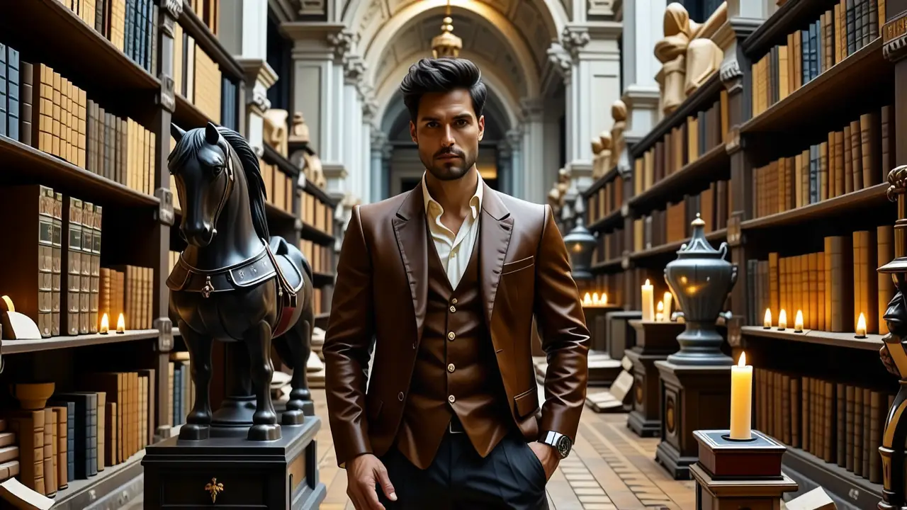 Un hombre elegante observa una biblioteca grandiosa