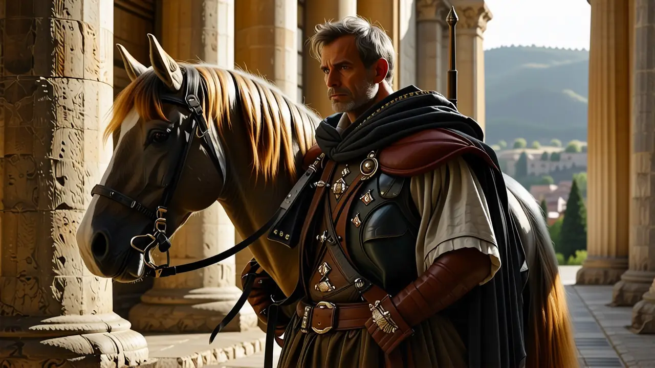 Caravaggio renacentista contempla su caballo en ruinas